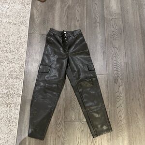 Black Faux Leather Cargo Pants
